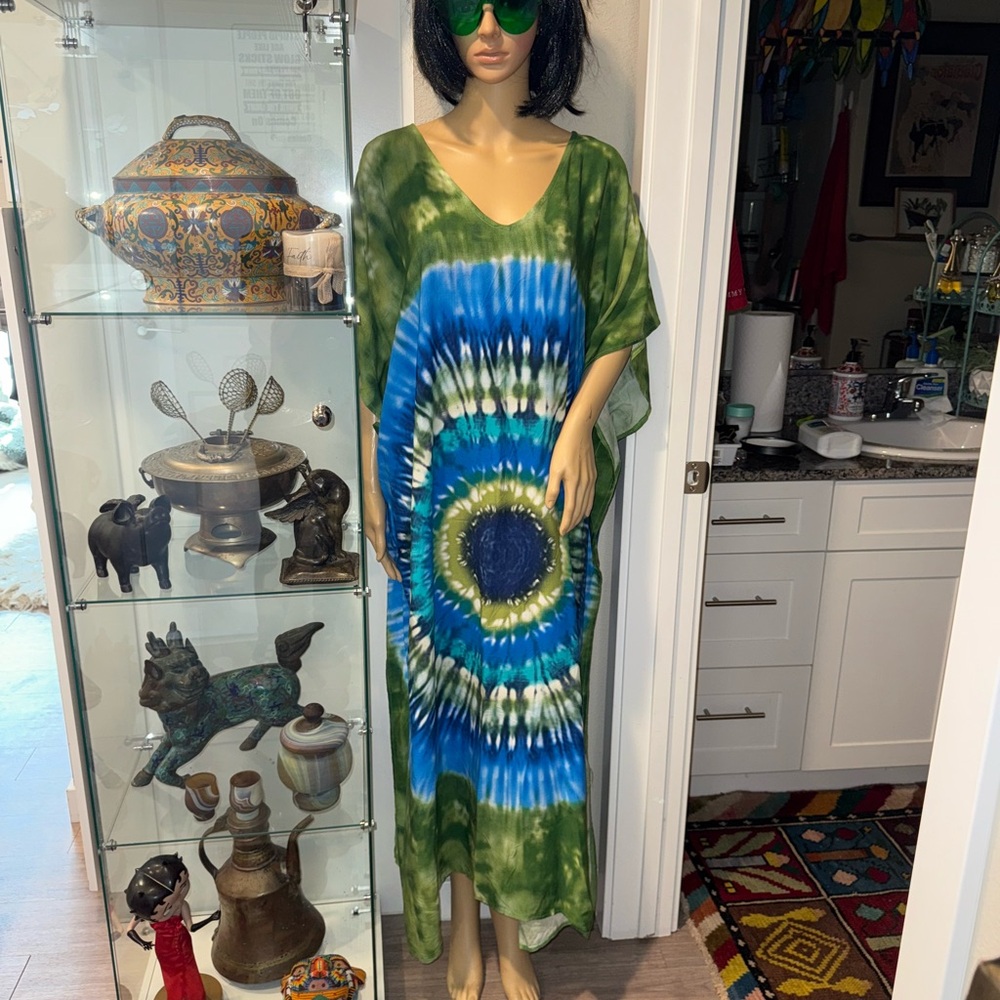 Green and Blue Tie-Dye Kaftan Dress
